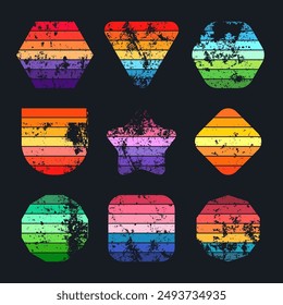 Grunge vintage sunset collection. Various colorful striped sunrise badges in 80s and 90s style. Sun and ocean view, summer vibes, surfing. Design element, print, logo or t-shirt. Vector illustration