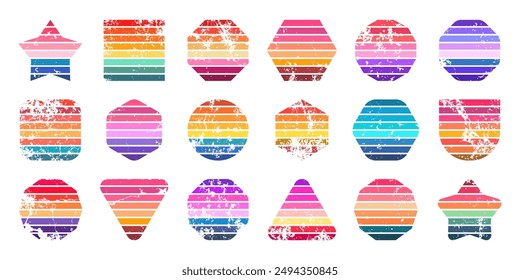 Grunge vintage sunset collection. Various colorful striped sunrise badges in 80s and 90s style. Sun and ocean view, summer vibes, surfing. Design element, print, logo or t-shirt. Vector illustration.