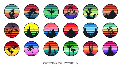 Grunge vintage sunset collection. Various colorful striped sunrise badges in 80s and 90s style. Sun and ocean view, summer vibes, surfing. Design element, print, logo or t-shirt. Vector illustration.