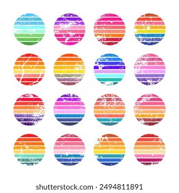 Grunge vintage sunset collection. Various colorful striped sunrise badges in 80s and 90s style. Sun and ocean view, summer vibes, surfing. Design element, print, logo or t-shirt. Vector illustration.