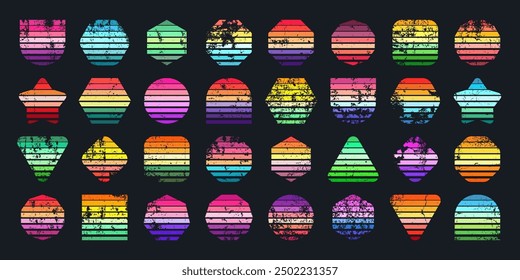 Grunge vintage sunset collection. Various colorful striped sunrise badges in 80s and 90s style. Sun and ocean view, summer vibes, surfing. Design element, print, logo or t-shirt. Vector illustration