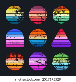 Grunge vintage sunset collection. Various colorful striped sunrise badges in 80s and 90s style. Sun and ocean view, summer vibes, surfing. Design element, print, logo or t-shirt. Vector illustration