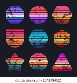 Grunge vintage sunset collection. Various colorful striped sunrise badges in 80s and 90s style. Sun and ocean view, summer vibes, surfing. Design element, print, logo or t-shirt. Vector illustration
