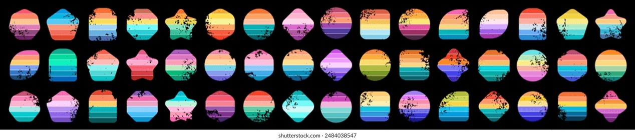 Grunge vintage sunset set. Various colorful striped sunrise badges