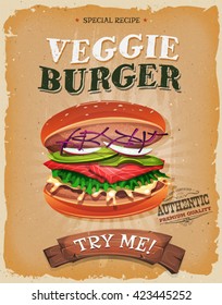 Grunge And Vintage Vegetarian Burger Poster/
Illustration of a design vintage and grunge textured poster, with vegetarian burger icon, for veggie fast food snack and takeaway menu