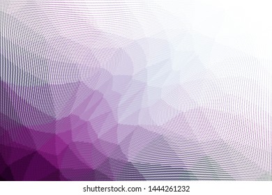 Grunge violet white halftone dots pattern texture background. Low poly design. Modern gradient monochrome dotted vector illustration. Abstract wavy lines. Triangular polygon backdrop