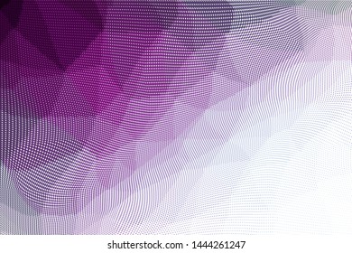 Grunge violet white halftone dots pattern texture background. Low poly design. Modern gradient monochrome dotted vector illustration. Abstract wavy lines. Triangular polygon backdrop