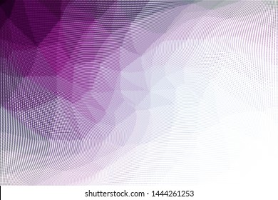Grunge violet white halftone dots pattern texture background. Low poly design. Modern gradient monochrome dotted vector illustration. Abstract wavy lines. Triangular polygon backdrop