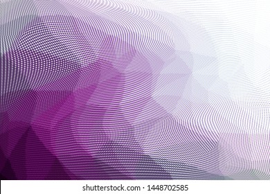 Grunge violet white halftone dots pattern texture background. Low poly design. Modern gradient monochrome dotted vector illustration. Abstract wavy lines. Triangular polygon backdrop