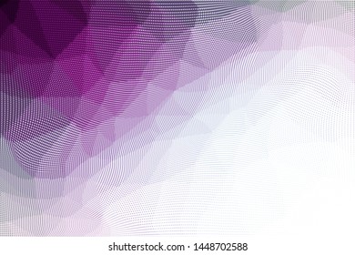 Grunge violet white halftone dots pattern texture background. Low poly design. Modern gradient monochrome dotted vector illustration. Abstract wavy lines. Triangular polygon backdrop
