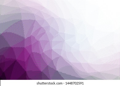 Grunge violet white halftone dots pattern texture background. Low poly design. Modern gradient monochrome dotted vector illustration. Abstract wavy lines. Triangular polygon backdrop