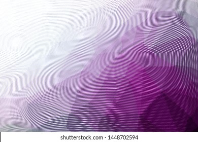 Grunge violet white halftone dots pattern texture background. Low poly design. Modern gradient monochrome dotted vector illustration. Abstract wavy lines. Triangular polygon backdrop
