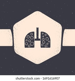 Grunge Virus cells in lung icon isolated on grey background. Infected lungs. Coronavirus, COVID-19. 2019-nCoV. Monochrome vintage drawing. Vector Illustration