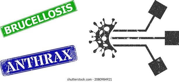 Grunge Virus Electronics Icon And Rectangular Rubber Brucellosis Stamp. Vector Green Brucellosis And Blue Anthrax Watermarks With Grunge Rubber Texture,