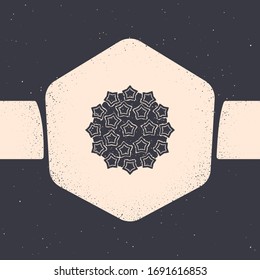 Grunge Virus icon isolated on grey background. Corona virus 2019-nCoV. Bacteria and germs, cell cancer, microbe, fungi. Monochrome vintage drawing. Vector Illustration