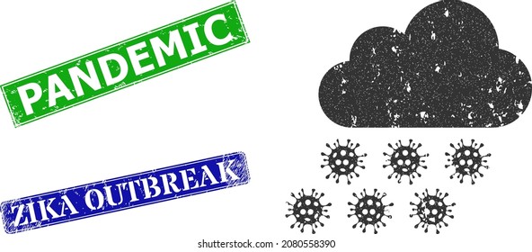 Grunge virus rain cloud icon and rectangle rubber Pandemic seal. Vector green Pandemic and blue Zika Outbreak imprints with retro rubber texture, designed for virus rain cloud illustration.