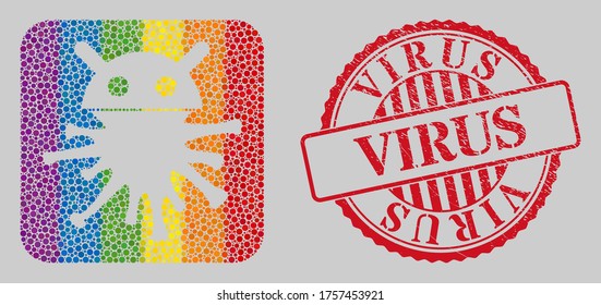 Grunge Virus stamp seal and mosaic virus robot subtracted for LGBT. Dotted rounded rectangle mosaic is around virus robot subtracted space. LGBT rainbow colors.
