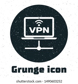 Grunge VPN Computer network icon isolated on white background. Laptop network. Internet connection.  Vector Illustration