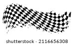 Grunge waing car race flag with scratches vector illustration. Checkered pattern of start and finish of auto rally and motocross, banner for karting sport, championship trophy on white background