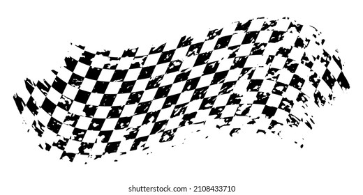 Grunge waing car race flag with scratches vector illustration. Checkered pattern of start and finish of auto rally and motocross, banner for karting sport, championship trophy on white background