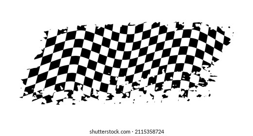 Grunge waing car race flag with scratches vector illustration. Checkered pattern of start and finish of auto rally and motocross, banner for karting sport, championship trophy on white background