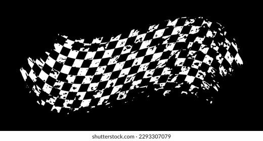 Grunge waing car race flag with scratches vector illustration. White checkered pattern of start and finish of auto rally and motocross, banner for karting sport, championship trophy on black.