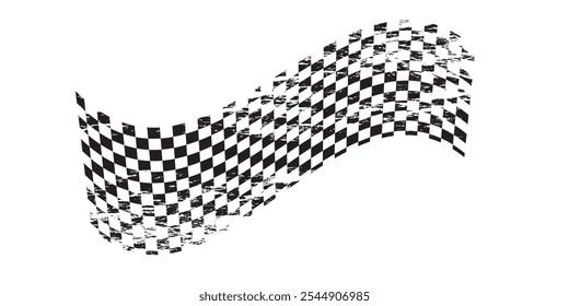 Grunge bandeira de corrida de carro waing com arranhões ilustração vetor. Padrão xadrez de início e fim de rali e motocross automotivo, faixa para esporte de karting, troféu do campeonato no fundo branco