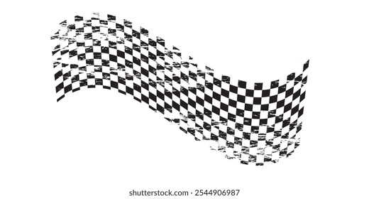 Grunge waing car race flag with scratches vector illustration. Checkered pattern of start and finish of auto rally and motocross, banner for karting sport, championship trophy on white background