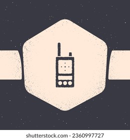 Grunge Walkie talkie icon isolated on grey background. Portable radio transmitter icon. Radio transceiver sign. Monochrome vintage drawing. Vector