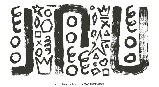 Grunge wall art elements with brush stroke texture. Hand drawn black ink graffiti crown, star, heart and geometric urban street style maze shapes on white background. Circle, hexagon abstract figures.