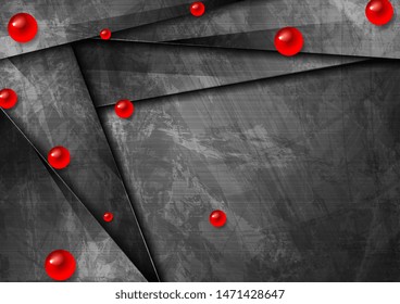 Grunge wall tech graphic design with bright red beads. Geometric glossy 3d spheres. Abstract corporate background. Vector illustration