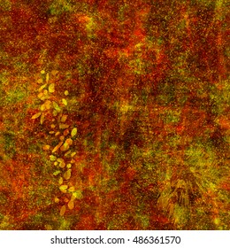 Grunge wall texture. With cracks, stains and scratches. Old drawing. Seamless background. Easy editing. The pattern of triangles, strokes and ovals. Yellow, orange, brown and green.