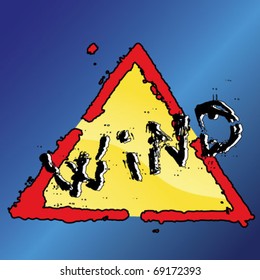 Grunge warning sign of the wind on a Blue background.  Vector illustration.