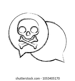 grunge warning skull wwith bones inside chat bubble