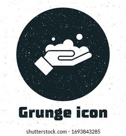 Grunge Lavarse las manos con un icono de jabón aislado sobre fondo blanco. Lavarse las manos con jabón para prevenir virus y bacterias. Dibujo de época monocromo. Ilustración vectorial