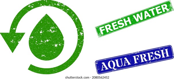 Grunge water dew recovery icon and rectangular rubber Fresh Water seal stamp. Vector green Fresh Water and blue Aqua Fresh seals with grunge rubber texture,