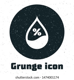 Grunge Water drop percentage icon isolated on white background. Humidity analysis.  Vector Illustration