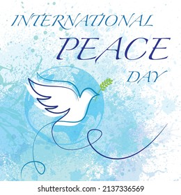 Grunge watercolor background with ink blots. International peace day wallpaper with white dove silhouette and lines 