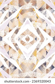 Grunge watercolor carpet pattern with halftones in geometric triangles