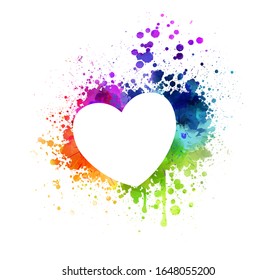 Grunge watercolor painted heart. Rainbow colors, multicolored. Love symbol.