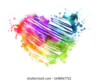 Grunge watercolor painted heart. Rainbow colors. Love symbol.