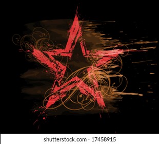 grunge watercolor red star on black background & floral pattern Elements on separate layers