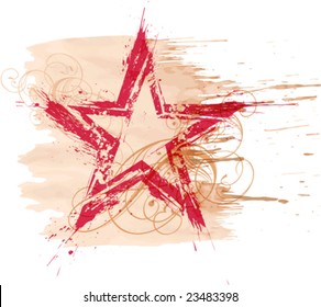 étoile rouge à l'aquarelle sur fond noir et motif floral