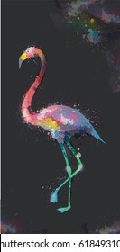 Grunge watercolor splashes flamingo illustration