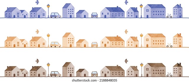 Grunge Watercolor Vector Townscape. Divider 3 Colors Set