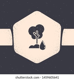 Grunge Watering Tree icon isolated on grey background. Forest symbol. Irrigation symbol. Monochrome vintage drawing. Vector Illustration