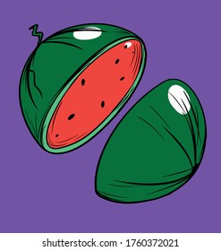 Grunge watermelon cut in two slice cartoon drawing