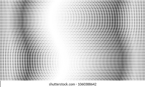 Grunge wave halftone dots pattern texture background. Black pixels. Modern dotted vector illustration. Abstract wavy lines. Points backdrop. Grungy spotted pattern. Wide image