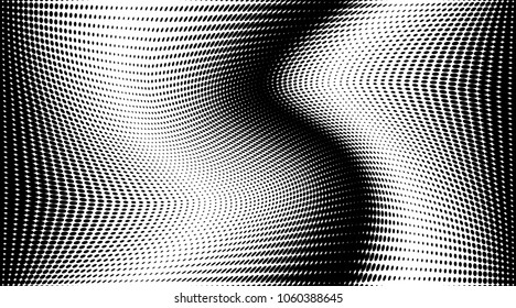 Grunge wave halftone dots pattern texture background. Black pixels. Modern dotted vector illustration. Abstract wavy lines. Points backdrop. Grungy spotted pattern. Wide image