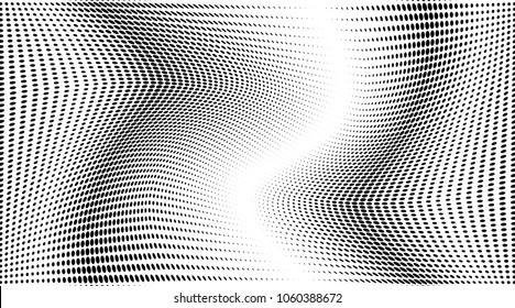 Grunge wave halftone dots pattern texture background. Black pixels. Modern dotted vector illustration. Abstract wavy lines. Points backdrop. Grungy spotted pattern. Wide image